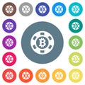 Bitcoin casino chip flat white icons on round color backgrounds