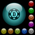 Bitcoin casino chip icons in color illuminated glass buttons