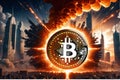 Bitcoin is the cause of world destruction, 3d illustration, Trading concept