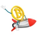 Bitcoin character flying on rocket