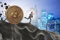 The bitcoin chasing businessman in cryptocurrency blockchain concept