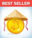 Bitcoin in Chinese straw hat. Bitcoin. Digital currency. Crypto currency. Money and finance symbol. Miner bit coin