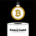 Bitcoin Christmas bauble pedestal. Merry Christmas sport greeting card. Hang on a thread bitcoin as a xmas ball on white podium on