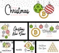 Bitcoin christmas card set in trendy line style. Merry Christmas sport flat greeting card. Hang on a thread bitcoin as a xmas ball