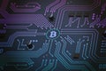 Bitcoin on circuit electronic board. Digital circuit blockchain network concept Royalty Free Stock Photo