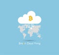 Bitcoin Cloud Mining or hashing symbol on blue sky background with gray world map. Crypto-currency Business, technology Royalty Free Stock Photo