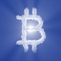 Bitcoin cloud sign with volume light on blue sky and sun. 3d illustration Royalty Free Stock Photo