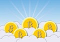 Bitcoin with clouds and light sky on a blue background as metaphor for bitcoin growth. Royalty Free Stock Photo