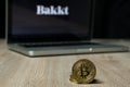 Bitcoin coin with the Bakkt logo on a laptop screen, Slovenia - December 23th, 2018