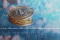 Bitcoin coin on blurred blue background and market chart graph, loss of bitcoin value. Descending chart, bitcoin price decline, Royalty Free Stock Photo