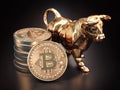 Bitcoin coin with bull on black background. Bullish market of BTC