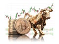 Bitcoin coin with bull and stock chart isolated on white. Bullish market of BTC