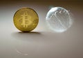 Bitcoin coin and bursting soap bubble