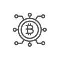 Bitcoin coin with closed contacts, blockchain line icon.