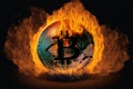 Bitcoin Coin Crypto Currency Burning in Flames on Fire Generative AI Royalty Free Stock Photo