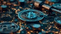 Bitcoin coin on a detailed circuit board, symbolizing blockchain technology and cryptocurrency mining. For financial technology,