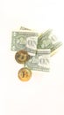 Bitcoin coin, Dogecoin and money photo top view layout, mock up. Concept of mining business, wealth, fortune, template modern