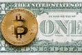 Bitcoin coin on dollar close up