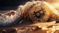 Bitcoin coin engulfed by ocean waves, digital finance concept Royalty Free Stock Photo