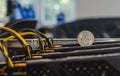 Bitcoin coin on the equipment for mining cryptocurrency. Modern business. The collapse of the financial system Royalty Free Stock Photo