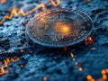 Bitcoin coin frozen, covered in ice on digital board, drop in value, declining, falling down, economics concept. macro shot.