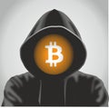 Bitcoin coin hacker, Stealing crypto hacking. Behind the block chain hard fork concept. Cryptocurrency symbol in with person illus