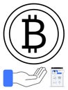 Bitcoin coin, hand gesture, and digital wallet interface for cryptocurrency and online transactions Royalty Free Stock Photo