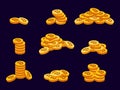 Bitcoin coin icon set. Various piles of scattered coins. Bitcoin cryptocurrency. 3D coins with a Bitcoin symbol. Stack of gold Royalty Free Stock Photo