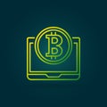 Bitcoin coin with laptop green vector line icon or logo