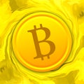 Bitcoin coin, liquid gold background