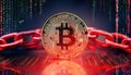 Bitcoin coin locked in glowing red chains, surrounded by falling currency symbols and digital elements, symbolizes security and Royalty Free Stock Photo