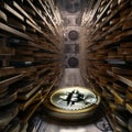 Bitcoin coin made of gold lies on the floor. Huge shelves with similar coins are to two sides. Crypto currency concept. Generative