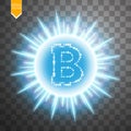 Bitcoin coin over explosion background with blue glitters stars and sparkles on transparent background Royalty Free Stock Photo