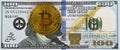Bitcoin coin over face on one hundred dollar bill Royalty Free Stock Photo