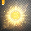 Bitcoin coin over golden explosion background with glitters stars and sparkles and neon glare on transparent background