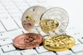 Bitcoin coin over money Royalty Free Stock Photo