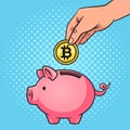 bitcoin coin into piggy bank pop art raster