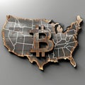 Bitcoin coin on political map of North America, on the territory of united states, use of cryptocurrency worldwide