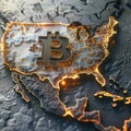 Bitcoin coin on political map of North America, on the territory of united states, use of cryptocurrency worldwide