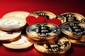Bitcoin coin with red hearts on the red background, love, Bitcoin physical coin on red hearts for fans of