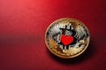 Bitcoin coin with red hearts on the red background, love, Bitcoin physical coin on red hearts for fans of