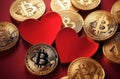 Bitcoin coin with red hearts on the red background, love, Bitcoin physical coin on red hearts for fans of