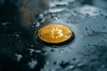 Bitcoin coin resting on wet surface with reflective texture creating an intriguing visual effect Generative AIÂ  Royalty Free Stock Photo