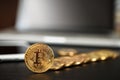 Bitcoin coin symbol on laptop future concept financial currency Royalty Free Stock Photo