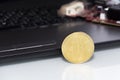 Bitcoin coin symbol on laptop, future concept financial currency, crypto currency sign Royalty Free Stock Photo