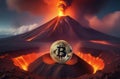 Bitcoin coin is on top of a volcano, volcanic eruption, cryptocurrency. Bitcoin cryptocurrency design. Photography of Royalty Free Stock Photo