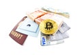 Bitcoin coin, Visa plastic cards and bank book of Sberbank