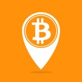 Bitcoin coin white icon on orange background, symbol bitcoin for use location pin logo, bitcoin symbol for map pointer concept Royalty Free Stock Photo