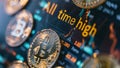 Bitcoin coins with All Time High text, BTC crypto ATH celebration, coins on blue market graph chart close-up Royalty Free Stock Photo