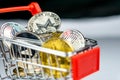 Bitcoin coins and altcoins in a shopping cart